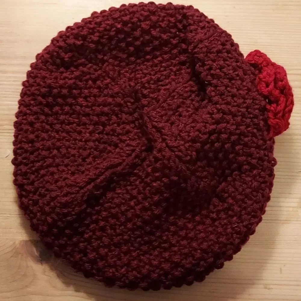Slouchy Beanie Hat Cap Burgundy Red with flower hand made Boho style